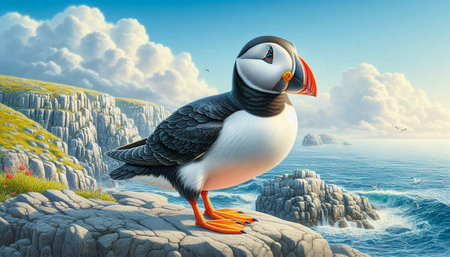 Atlantic puffin on a cliff at sunset - 3d render illustrationの写真素材