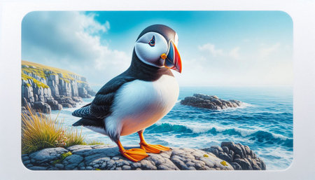 Puffin standing on a rock in the ocean. 3d renderingの写真素材