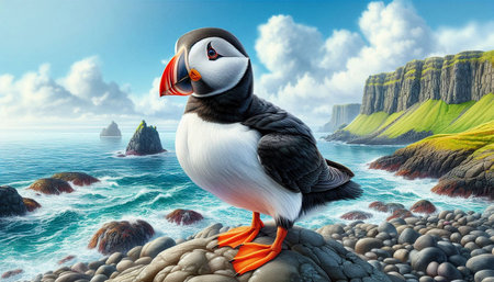 puffin on the rock in the ocean - 3d illustrationの写真素材