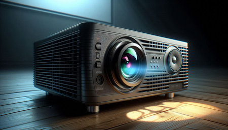 3d rendering of a projector in the dark room with lighting effects