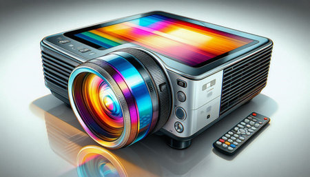 Digital composite of Video projector and remote control in white background with reflection