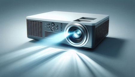 Digital composite of 3D projector with beam of light in blue background