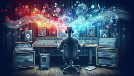 Man listening to music with headphones on the background of the sound system