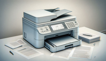 Printer on the table with documents, close-up. 3d rendering