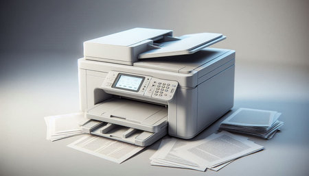 Printer and documents on a gray background. 3d illustration.