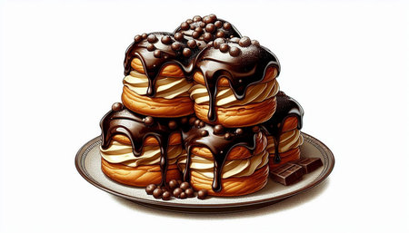 Pancakes with chocolate on a plate isolated on a white background