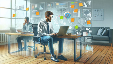 Young businessman using laptop in modern office with double exposure of business interface. Toned...