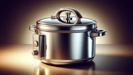 3D rendering of a stainless steel cooking pot on a reflective surface