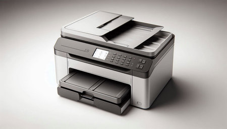 Printer on a white background. 3d rendering. Computer digital drawing.
