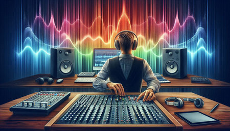Professional sound producer working in sound studio with sound waves concept on background