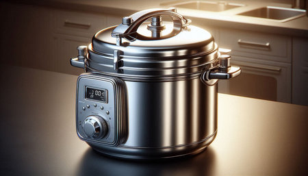 Modern electric multi cooker on the table in the kitchen. 3d render