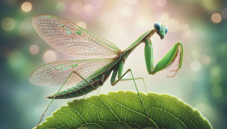 Praying mantis on green leaf with bokeh backgroundの写真素材