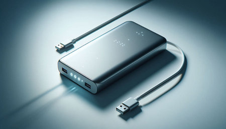 External hard drive with USB cable on white background. Shallow depth of field.