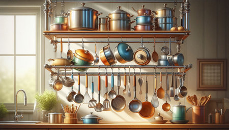 Kitchen utensils hanging on a shelf. 3d rendering