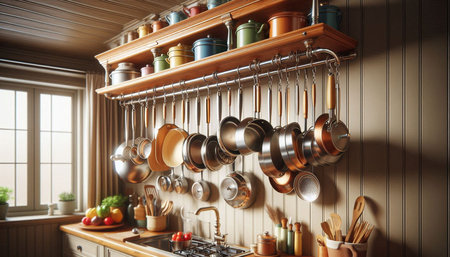 Kitchen utensils hanging on the wall. 3d rendering
