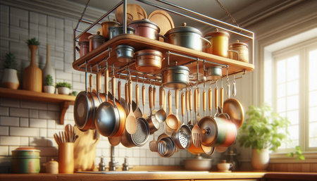 Vintage copper pans hanging on rack in kitchen. 3d rendering