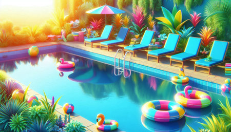 Swimming pool with deckchairs and inflatable rings. 3d rendering
