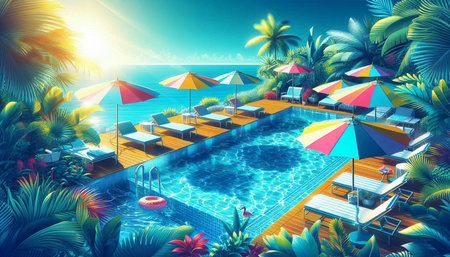 Swimming pool with sun loungers and umbrellas in tropical resort