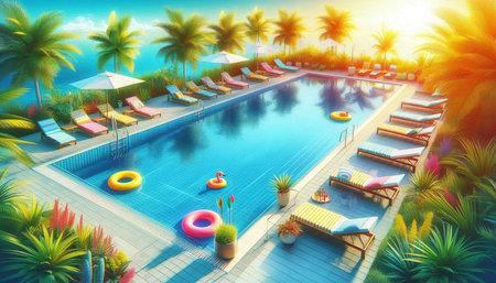 Swimming pool in the tropics. 3d render. Vintage style.