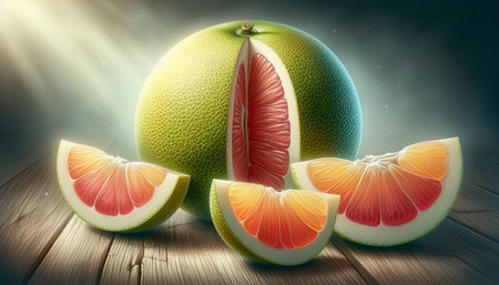 Grapefruit slices on a wooden background. 3d illustration.