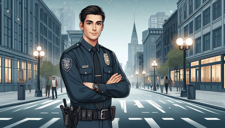 Police officer standing on the street with modern buildings in the background.
