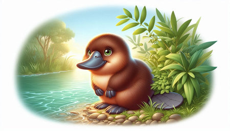 Illustration of a cute duck sitting on a rock by the riverの写真素材