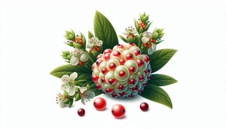 Illustration of berries with green leaves and red berries on white background