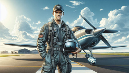 Young pilot with helmet and airplane on the background of the runway.