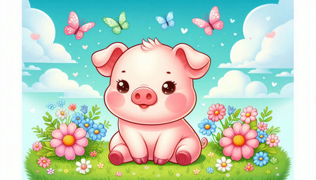 Cute pig sitting on the grass with flowers, butterflies and cloudsの写真素材