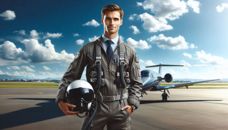 Portrait of confident pilot in suit and helmet standing in front of airplaneの写真素材