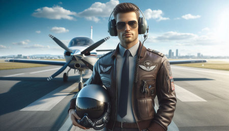 Young handsome pilot with helmet and leather jacket on the background of airplaneの写真素材