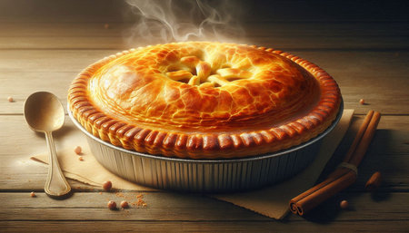 Delicious homemade apple pie on wooden table. Toned image.