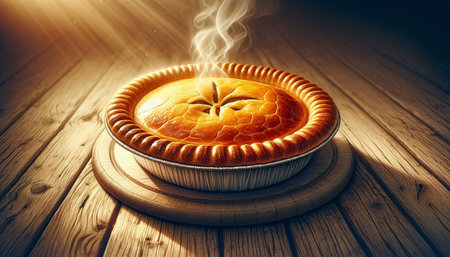 Baked homemade pie on wooden table. Vintage style toned picture