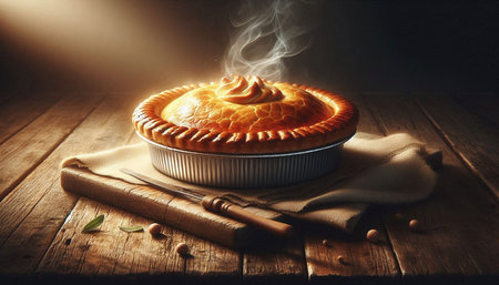 Homemade pie with cream on a wooden background. Selective focus.