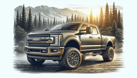 3D rendering of a brand-less generic pickup truck in the mountains.