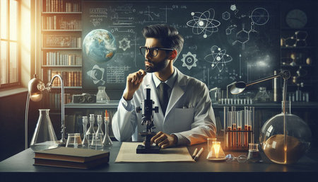 Scientist in lab coat and eyeglasses sitting at table and looking at microscope