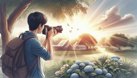 Young man taking photo with camera on nature background. 3d renderingの写真素材
