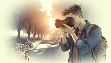 Photographer taking picture of a beautiful landscape with trees. Digital illustration.の写真素材