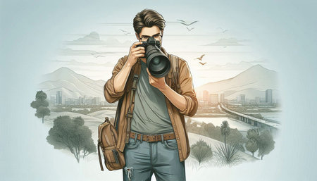 Young man with camera and cityscape on background. Photo and travel concept