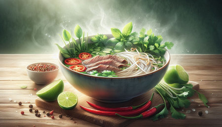 Bowl of noodle soup with beef meat, herbs and spices