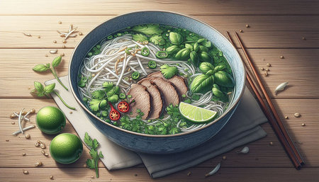 Vietnamese noodle soup with beef and vegetables on wooden table