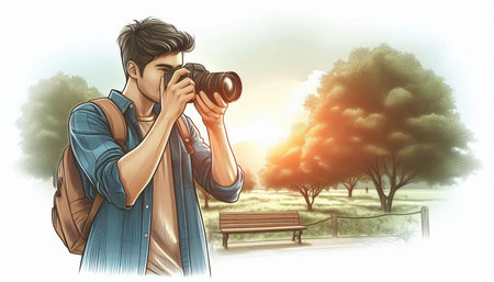 Young man taking picture with camera in a park. Digital illustration.