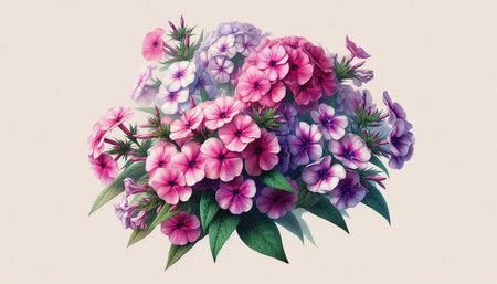 Bouquet of pink and purple hydrangea flowers on white backgroundの写真素材