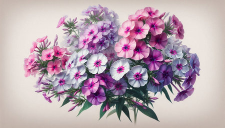 Bouquet of pink and blue phlox flowers on a light backgroundの写真素材