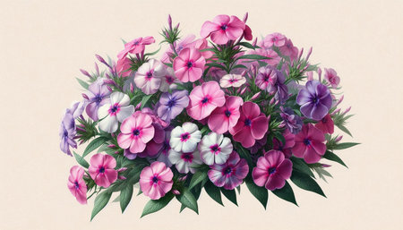 Pink and blue phlox flowers with green leaves on a beige backgroundの写真素材