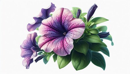 Bouquet of purple and pink petunia flowers isolated on white background