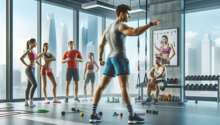 Sporty young man in sportswear is training in gym with a group of people. Mixed media