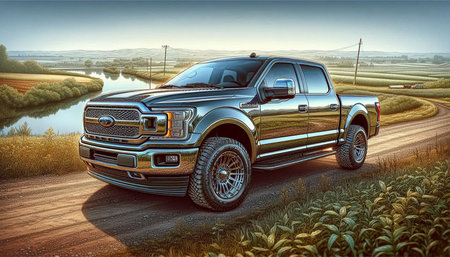 3D rendering of a brand-less generic pickup truck in the countryside.