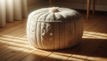 Pumpkin cushion on wooden floor in sunlight. Selective focus.