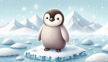 Cute penguin sitting on ice floe with snowflakesの写真素材